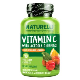 NATURELO Vitamin C with Organic Acerola Cherry Extract and Citrus Bioflavonoids - Vegan Supplement - Immune Support - 500 mg VIT C per Cap - Non-GMO - 90 Capsules