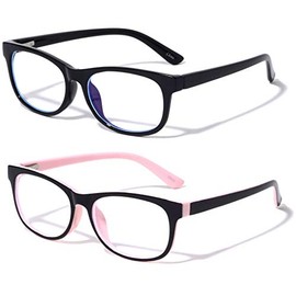 V.W.E. 2 Pairs Kids Blue Light Blocking Glasses, Anti Eyestrain Computer Boys Girls - Clear Lens (Age 3-10) Spring Hinge (1 Black 1 Pink)
