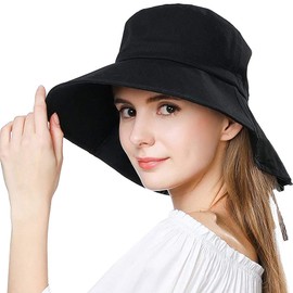 Comhats Summer Ladies UPF 50 Cotten Sun Hats for Women Large Brim Foldable with Neck Protection Gargening Chin Cord Black