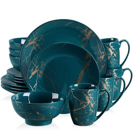 LOVECASA Porcelain Dinnerware Sets for 4, 16 PCS Plates and Bowls Set, Color Glaze with Gold Plate Dish Set, Dinner Sets with Dinner Plates, Dessert Plate, Bowls and Mugs, Dark Green
