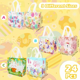 PARSUP 24PCS Happy Easter Egg Hunt Bags, Assorted Sizes, Easter Bunny Carrot Chick Egg Treat Bag with Handles, Non-Woven Gifts Wrapping, Egg Hunt, Spring Party Supplies