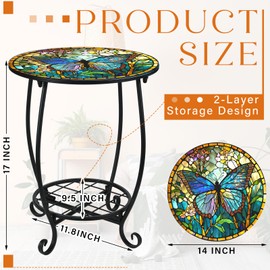 Cinnvoice Outdoor Side Table Round Small Mosaic Patio Accent Indoor End Plant Metal Coffee Tea Table for Yard Porch Garden Patio Living Room, Bedroom (Butterfly Style,14 Inch)