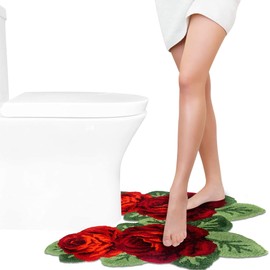 ABREEZE Rose Rug Luxury Shaggy Toilet Bath Mat U-Shaped Contour Rugs for Bathroom Flower Shaped Area Rug, 31 X 29Inches, Soft and Comfortable, Maximum Absorbent, Dry Quickly, Non-Slip, Red