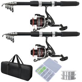 2PACK Fishing Pole Combo,Fishing Rod Combos with Telescopic Fishing Pole Spinning Reels Fishing Carrier Bag for Travel Saltwater Freshwater (Black)