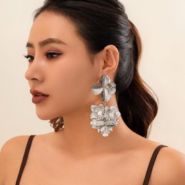 Gold Statement Flower Earrings for Women Heart Geometric Metal Pleated Floral Drop Dangle Earrings Exaggerated Shiny Petal Earring Jewelry Gifts (Silver)