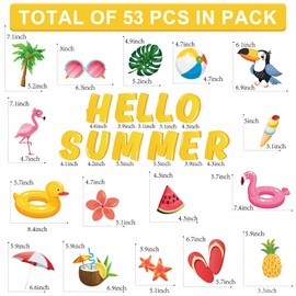 54pcs Summer Bulletin Board Decorations, Reusable Hello Summer Cutouts for Bulletin Board with Dot Glues Classroom Cut Outs Decorations in Different Patterns Summer Vibe