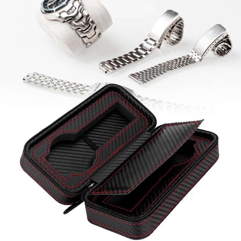 Portable 2Slots Carbon Fiber Leather Watch Storage Box Case Wristwatch