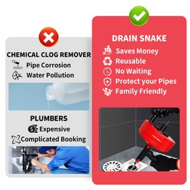 Drain Snake 50 Ft, Plumbing Snake for Sink with Drill Attachment, Snake Drain Clog Remover for Shower Drain, Kitchen, and Sink, Manual or Powered Use, Comes with Gloves and Storage Bag, 1/4 Inch, Red