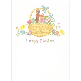 Sellers Publishing RSVP Light Brown Basket with Blue Ribbon, Chocolate Bunny, Eggs, Jelly Beans and Chicks Easter Card