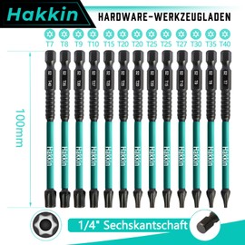 Hakkin Torx Bits Set Long 13 Pieces 100 mm Bit Set for Cordless Screwdrivers 1/4 Inch Torx Screwdriver Bit Set with Hole S2 Screwdriver T7, T8, T9, T10, T15, T20, T25, T27, T30, T35, T40