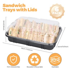 HIYAA Sandwich Platter Trays With Lids, Pack of 6 Reusable Plastic Catering Trays With Lids for Meal Prep, Cakes, Treats and Sandwiches