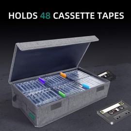 T WaveTree Cassette Tape Storage Box, Practical Cassette Tape Holder 16.34 x 9.25 x 3.54 Inch, Cassette Rack with Lids and Index Labels to store to 48 Cassette Tape Cases - Gray
