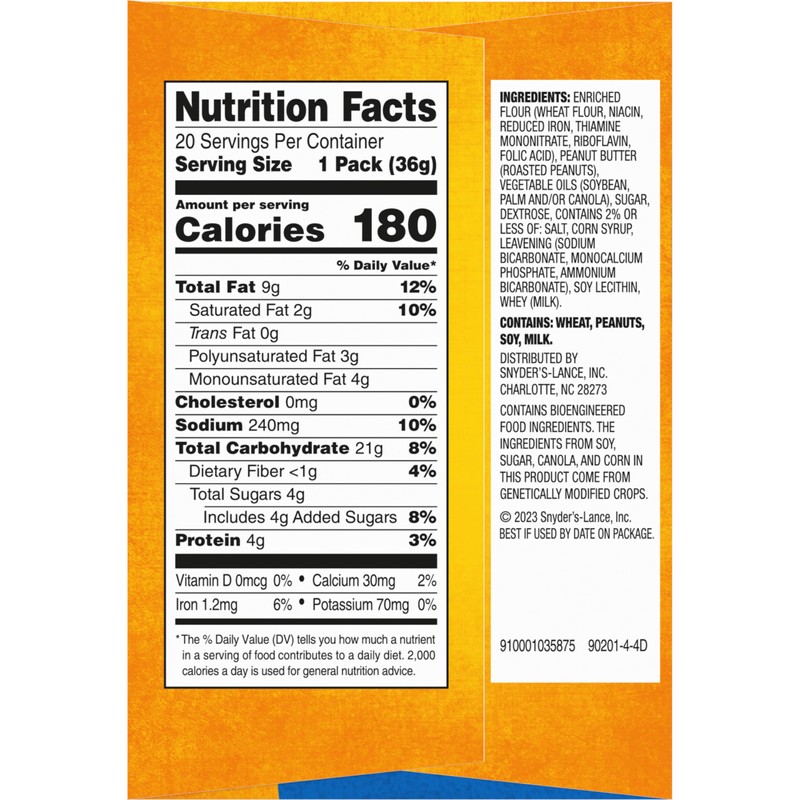 Lance Sandwich Crackers, Toasty Peanut Butter, 20 Individually Wrapped Packs,