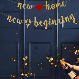 New Home New Beginning Banner, Gold Glitter New House Welcome Home Party Decoration, Housewarming First Home, Home Change Party Decors Pre-Strung