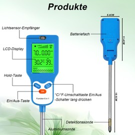 Yeelan Bodenmessgerät 6-in-1 Bodentest Messgerät, Batteriebetrieben Bodentester für Fruchtbarkeit Temperatur Lichtintensität Bodenfeuchte pH und Luftfeuchte, Boden-pH-Meter für Gartenarbeit, Rasen