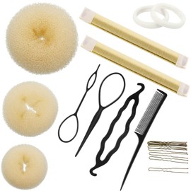 WILLBOND Hair Bun Shaper Set, 3 Pcs Hair Donut, 2 Pcs Bun Marker, 4 Pieces Ponytail Tool, 10 Pieces Bobby Pins and 2 Elastic Bands, Hairs Styling Accessories Maker Kit for Women(Beige)