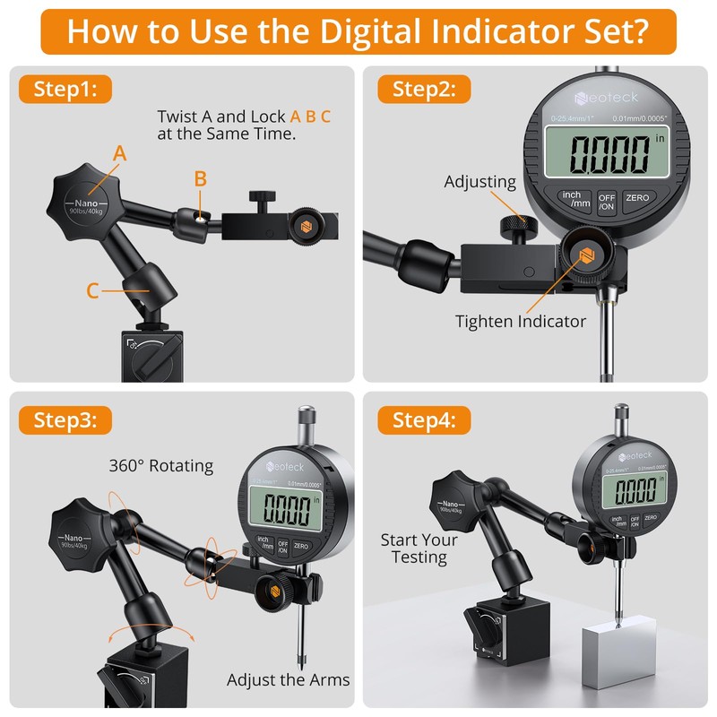 Neoteck 1"/25.4mm (0.0005"/0.01mm) Digital Indicator Set Dial Indicator and Magnetic