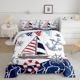 Modern Nautical Anchor Sailboat Comforter Set for Kids Teens, Queen Size Compass Rudder Starfish Ocean Bedding Comforter with 2 Blue Ocea Adventuren Pattern Pillowcases- 90" x 90" (Sailboat, Queen)