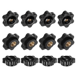 M METERXITY 12-Pack 6 Star Knobs, 1/4"-20 Female Thread 0.98"(25mm) Hexagon Head Through Hole Clamping Grip Handles for Machinery/Electronic/Woodworking, Brass Screw-On Threaded Knob [Black]