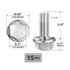 5/16-18 x 3/4" (15 PCS) Flanged Hex Head Bolts, Flange Washer Head Hexagon Screws, 18-8 Stainless Steel (304), Plain Finish, Full Thread