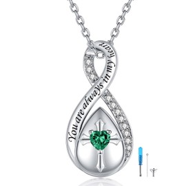 ZOEXUE Green Infinity Urn Necklaces for Ashes - Sterling Silver Cross Cremation Jewelry for women - Birthstone Ashes Necklace Keepsake Pendant Memorial May Urn Jewelry Gift for A Loss Loved Ones