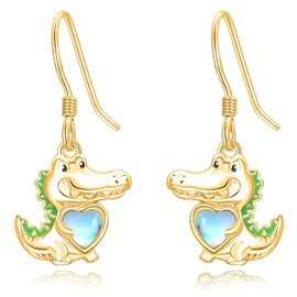 Dreamboat Alligator Crocodile Dangle Drop Earrings for Women 925 Sterling Silver Gold Plated Moonstone Gator Hook Animal Jewelry Gifts