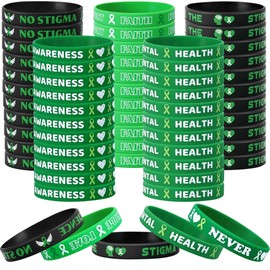 Wehhbtye 60Pcs Mental Health Awareness Silicone Bracelets, Motivational Green Ribbon Wristband with 5 Styles, Green Hope Awareness Bracelet for Men Women Charity Event Supplies