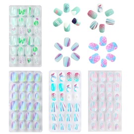 96 Pieces Kids Fake Nails with Nail Glue, Pre-glue Full Cover Short False Nails Lovely, Ready to Wear Press-On Gel Nails for Children girl (White,Blue, One Size)