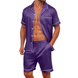 Vssjavun Mens Pajamas Set Satin Silk Sleepwear Shorts Sexy Nightwear Button Down 2 Piece Loungewear Sets Father Boyfriend Husband Purple
