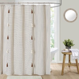 DOSLY IDÉES Taupe and Beige Stripe Patchwork Cotton Tassel Shower Curtain for Bathroom,Farmhouse,Country Rustic and Cute Style,72 x 72 in