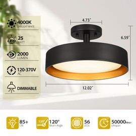 SunRider Industrial Semi Flush Mount LED Ceiling Light Fixture, 12 Inch 25W 2000LM, 4000K Neutral White, Dimmable Pendant Lamp for Hallway Bedroom