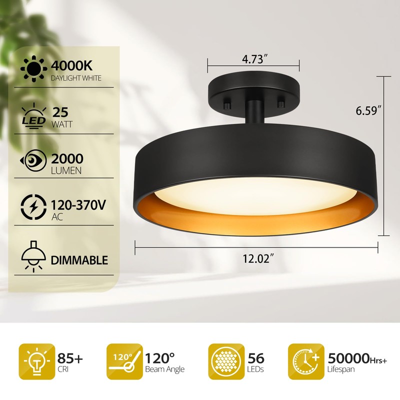 SunRider Industrial Semi Flush Mount LED Ceiling Light Fixture, 12