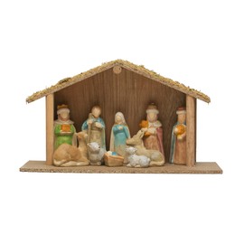 Creative Co-Op 13-1/4'L x 5-1/2'W x 8-1/2'H Wood Creche w/ 1-1/2'H - 4' H Nativity, Multi Color, Set of 11 ©