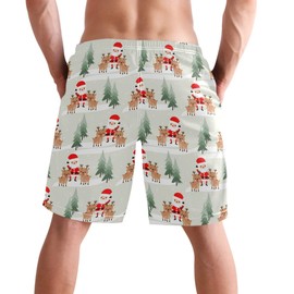visesunny Christmas Santa Claus and Reindeer Men's Beach Short Swim Trunks Sports Running Bathing Suits with Mesh Lining