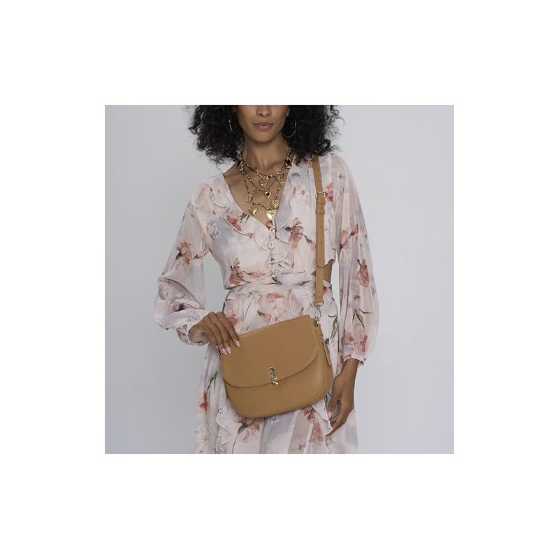 Leather Saddle Crossbody Bag with Adjustable Straps, Gold Hardware, Camel