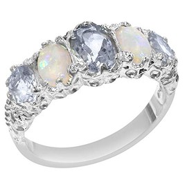 LetsBuyGold 925 Sterling Silver Natural Aquamarine and Opal Womens Anniversary Ring - Size 7.25
