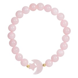 Nupuyai Carved Moon Star Rose Quartz Crystal Stone Bracelet for Women, 8mm Round Beads Stretch Bracelet Lucky Charm