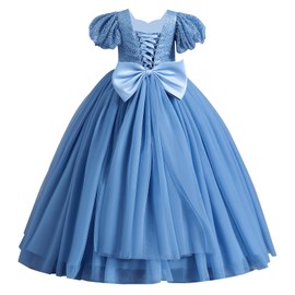 IDOPIP Flower Girl Sequin Lace-up Bowknot Dress for Kids Wedding Bridesmaid Pageant Party Formal Long Maxi Gown Big Little Princess First Communion Birthday Prom Puffy Tulle Dresses Blue 6-7 Years