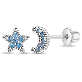 925 Sterling Silver Blue Moon Star Screw Back Earrings For Girls and Teens - Hypoallergenic Screw Back Locking Earrings for Young Girls - Gorgeous Cubic Zirconia Celestial Earrings for Girls
