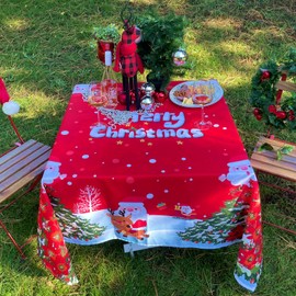 Christmas Table Cloth Square - 60x60 inch - Water Resistant Holiday Decorative Print New Year's Eve Xmas Tree Tablecloth - Easy Care Fabric Table Covering for Party, Kitchen, Dining Room
