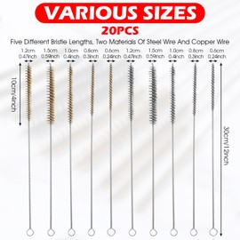 20 Pieces Wire Tube Brushes for Cleaning bristles Tube Brass Stainless Steel Round Wire Brush for Auto Parts, Bottles, Tubes, 5 Sizes