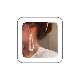 Yienate Boho Long Pearl Drop Earrings Vintage Large Imitation Pearl Hoop Dangle Earrings Statement Exaggerated Long Pearl Chain Drop Earrings Wedding Bridal Pearl Earrings Jewellery for Women, Zinc,