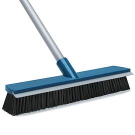 16-Inch Push Broom Outdoor with Rubber Squeegee and 58" Long Handle, 2 in 1 Commercial Broom Brush with Stiff Bristles for Deck Patio Garage Concrete Floor Cleaning Scrubbing