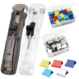 2 Pcs Reusable Handheld Paper Clam Clip Dispenser with 100 Metal Refill Clips (50 Silver,50 Color),Portable Fast Paper Clip Tool for Office School Home Documents Supplies