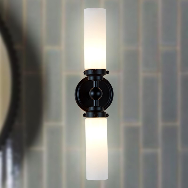 Double Cylinder Glass Wall Sconce,Modern Steel Bathroom Vanity Light, Spherical