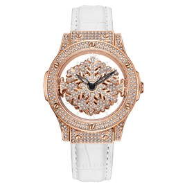 OLEVS Womens Watch, Leather Wrist Diamond Dial Ladies Quartz Watch,Five Pointed Star Rotating dial with Hollowed Out Design Fashion Waterproof Analog Watch for Women (9938- Snow Rose Gold Face)