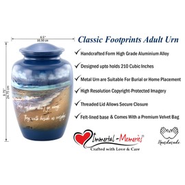 Footprints Cremation Urn - Ocean Blue Memorial Urn with Beach & Waves – Full-Size Handcrafted Metal Funeral Urns for Men & Women’s Ashes (Up to 210 lbs) – A Beautiful Tribute for Ocean Lovers