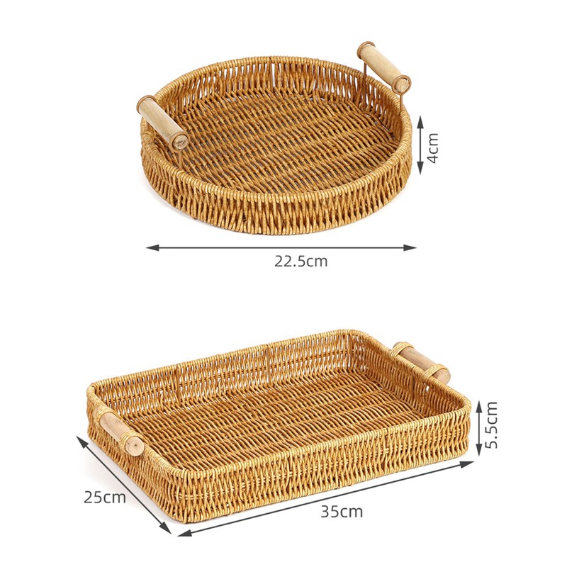 Handwoven Rattan Serving Tray Set Rectangular Round Basket with Handle