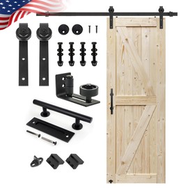 S&Z TOPHAND 34 in. x 84 in. Unfinished British Brace Knotty Barn Door with 6.6FT Sliding Door Hardware Kit/Solid Wood/Unfinished British Brace Barn Door (34in + J Shape)