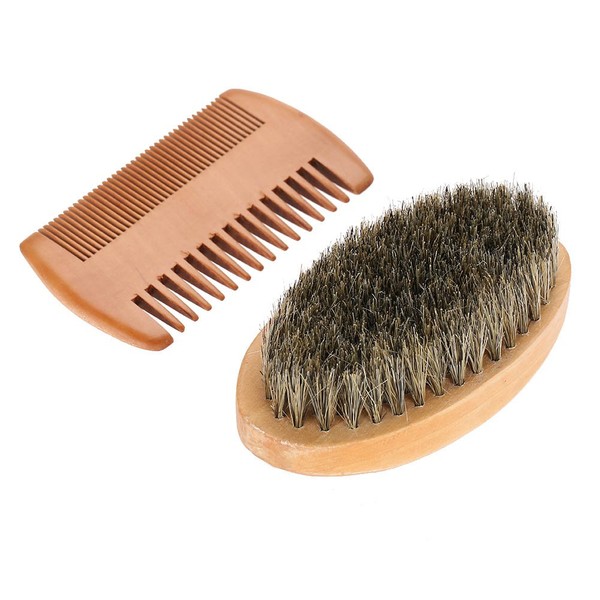 Boar Bristle Brush & Comb Set Beard Moustache Handmade Wooden Brush and Comb Oil Cleaning Grooming Kit for Men